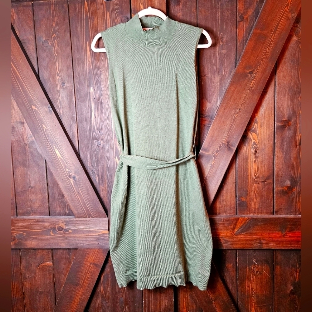 Magaschoni Belted High Neck Sleeveless Sweater Dress Women's Small Green